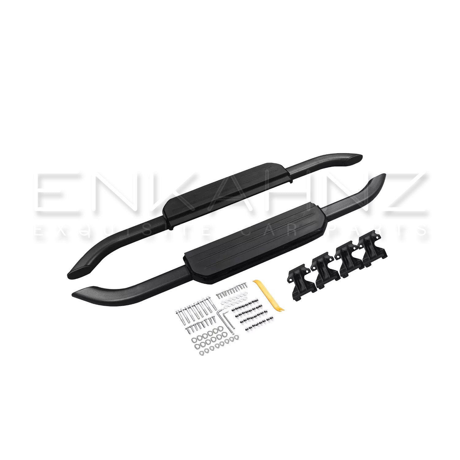 Black Enkahnz Side Step fit for defender 90 with fitting equipment illustrated on a white backdrop
