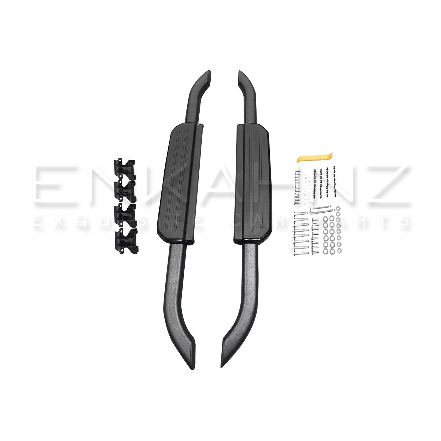 A pair of black enkahnz side steps fit for defender 90 with fitting equipment illustrated on a white backdrop