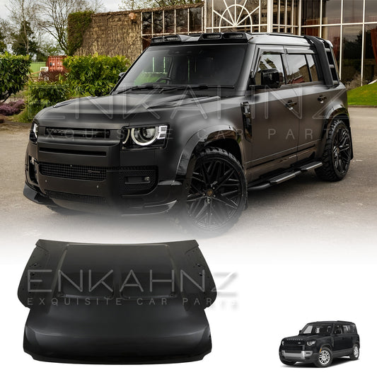 Land Rover Defender with EnKahnz aftermarket aluminium finish bonnet with the product at the bottom