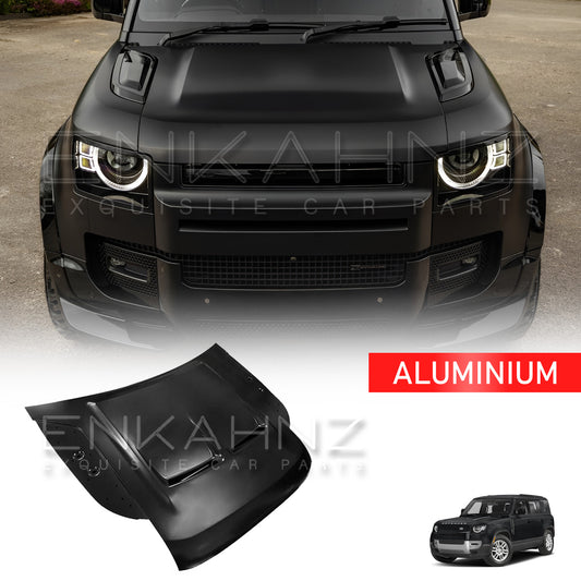 Land Rover Defender front facing closeup on the bonnet with the product image at the bottom