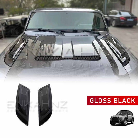 Enkahnz Bonnet Vents Gloss Black fit on Defender 90/110/130 with product image at the bottom with backdrop