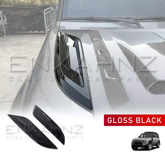 Enkahnz Bonnet Vents Gloss Black fit on closeup Defender 90/110/130 with product image at the bottom with backdrop