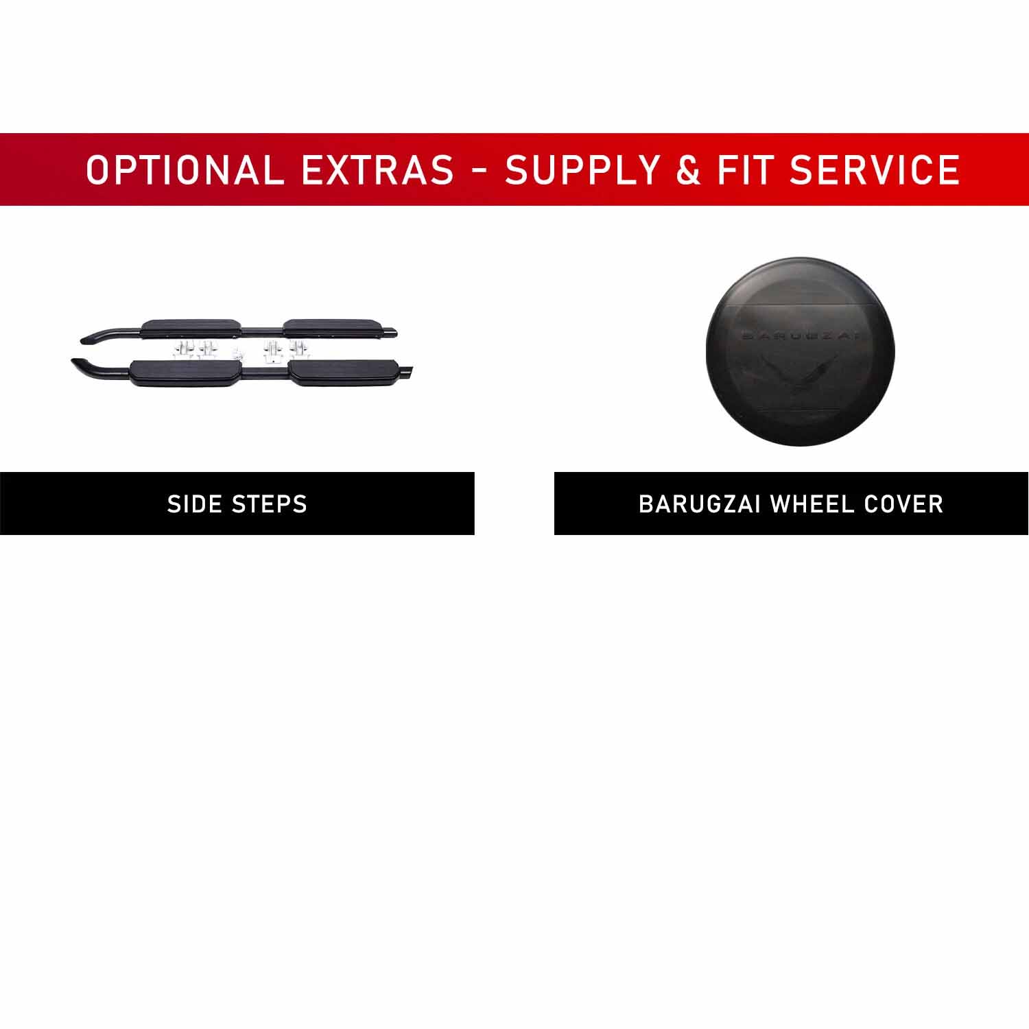 Optional vehicle accessories including side steps and a wheel cover with text on a white background.