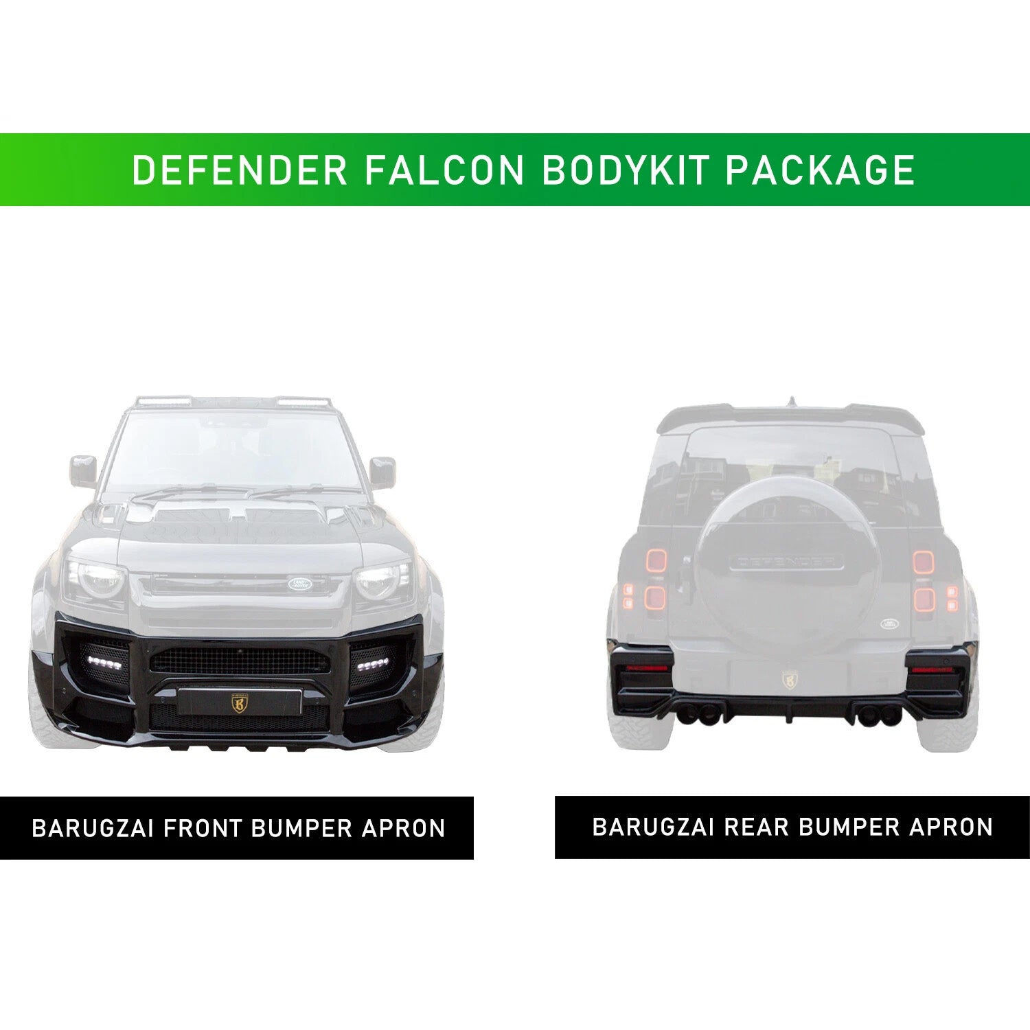 Defender Falcon bodykit package showing front and rear bumper aprons on a white background.