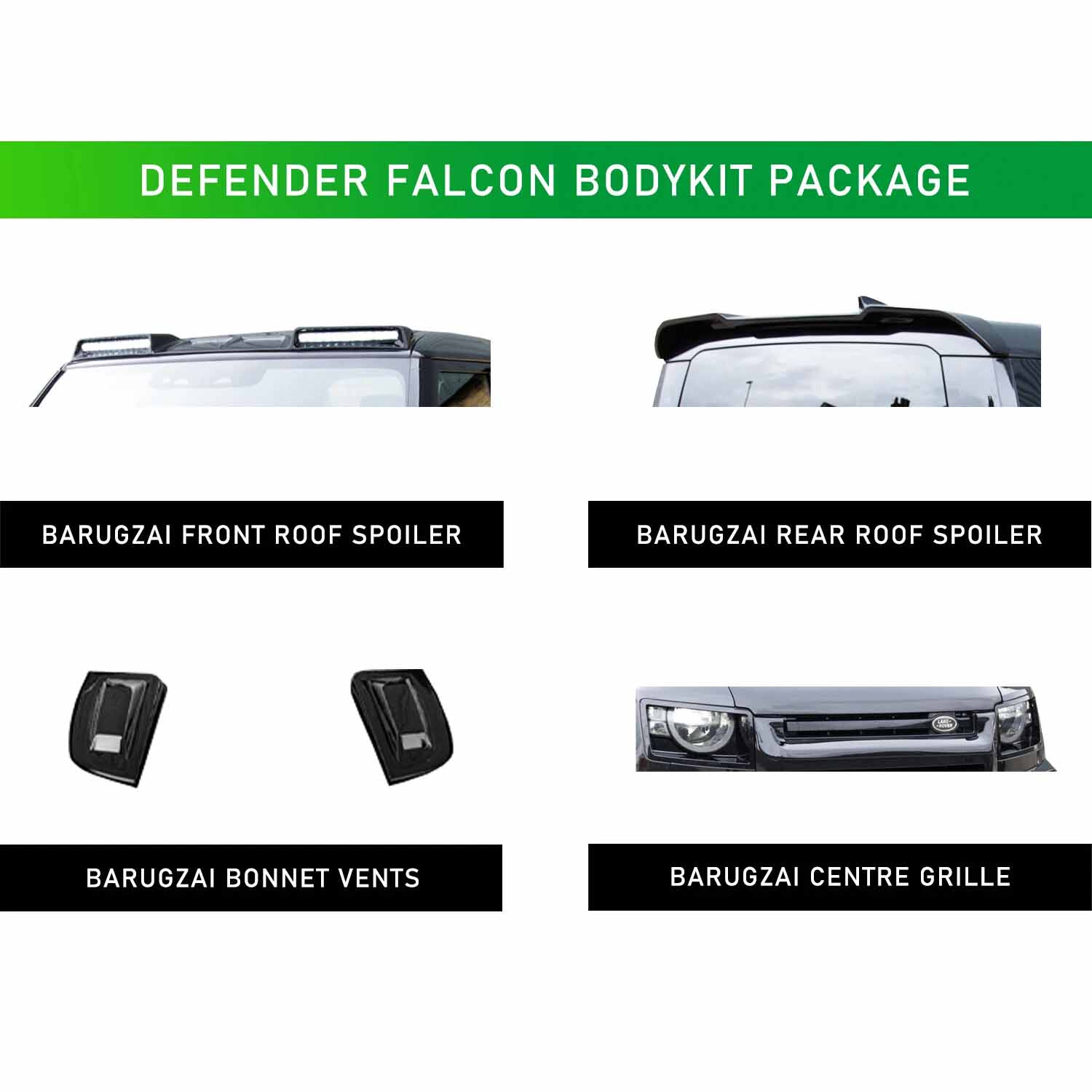 Defender Falcon bodykit package with various components on a white background