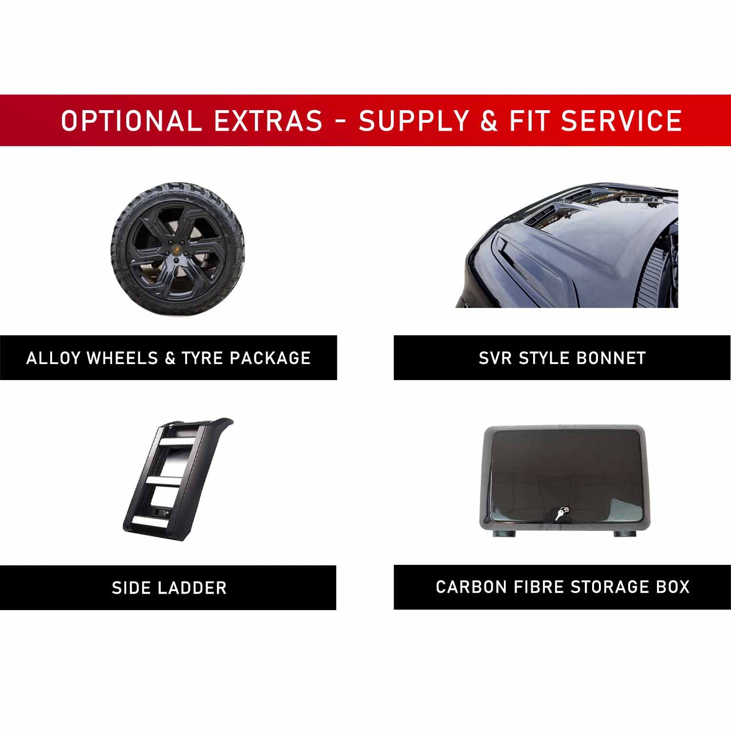 List of optional car accessories with images and descriptions on a white background.