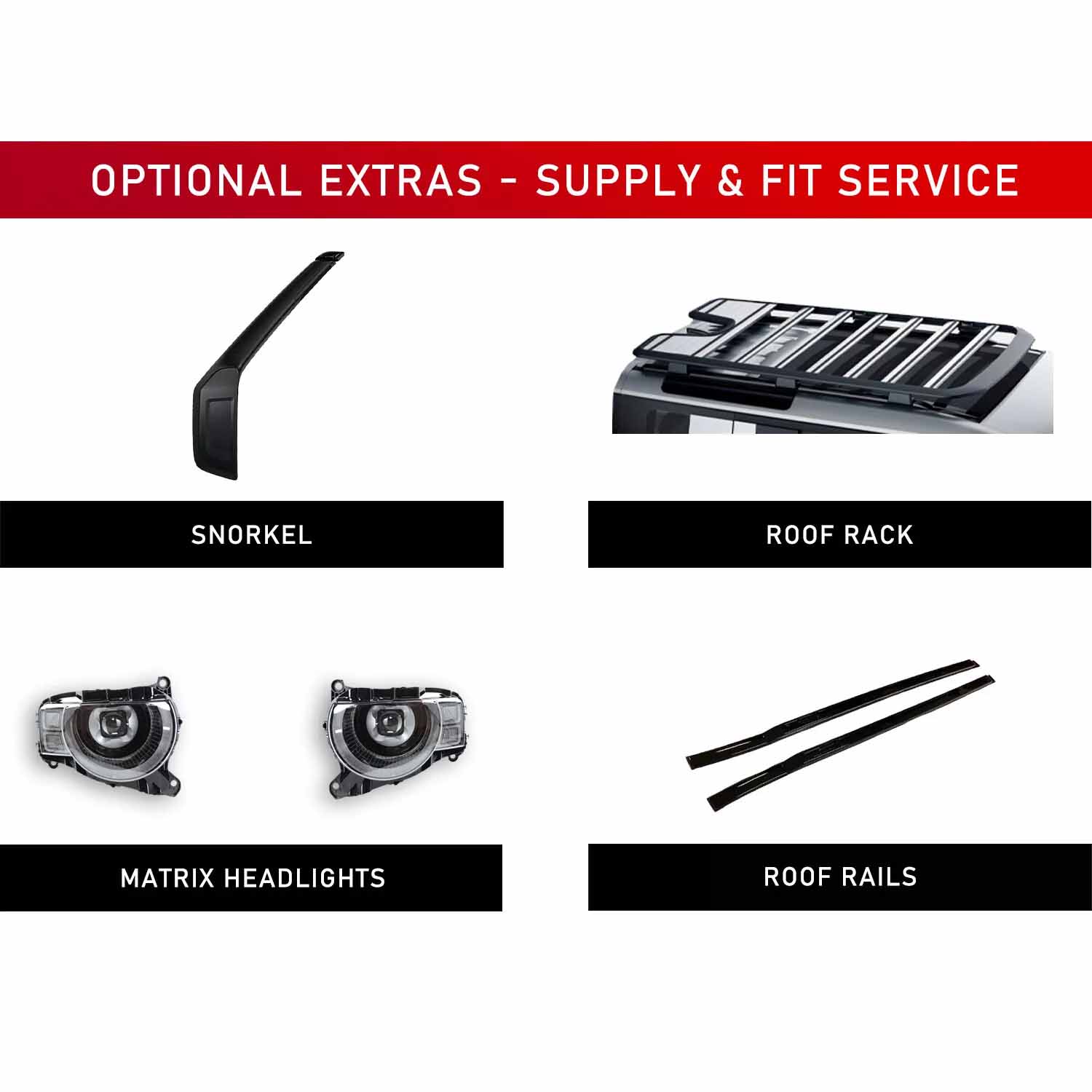 List of optional vehicle accessories with labels on a white background.