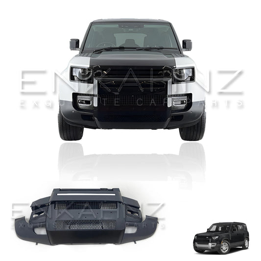 Front view of a black Land Rover vehicle with a close-up of a black bumper guard on a white background.