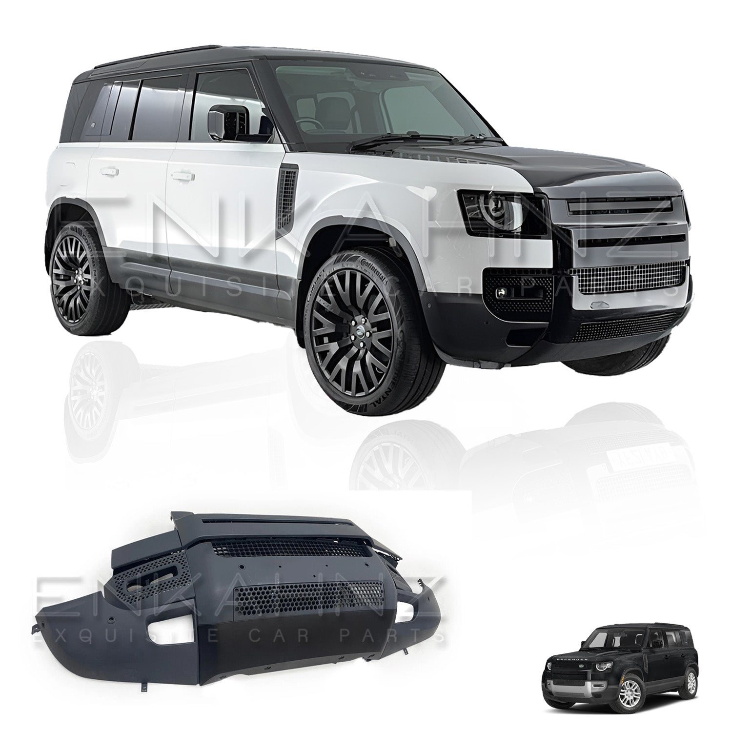White Land Rover Defender with black front bumper on a white background