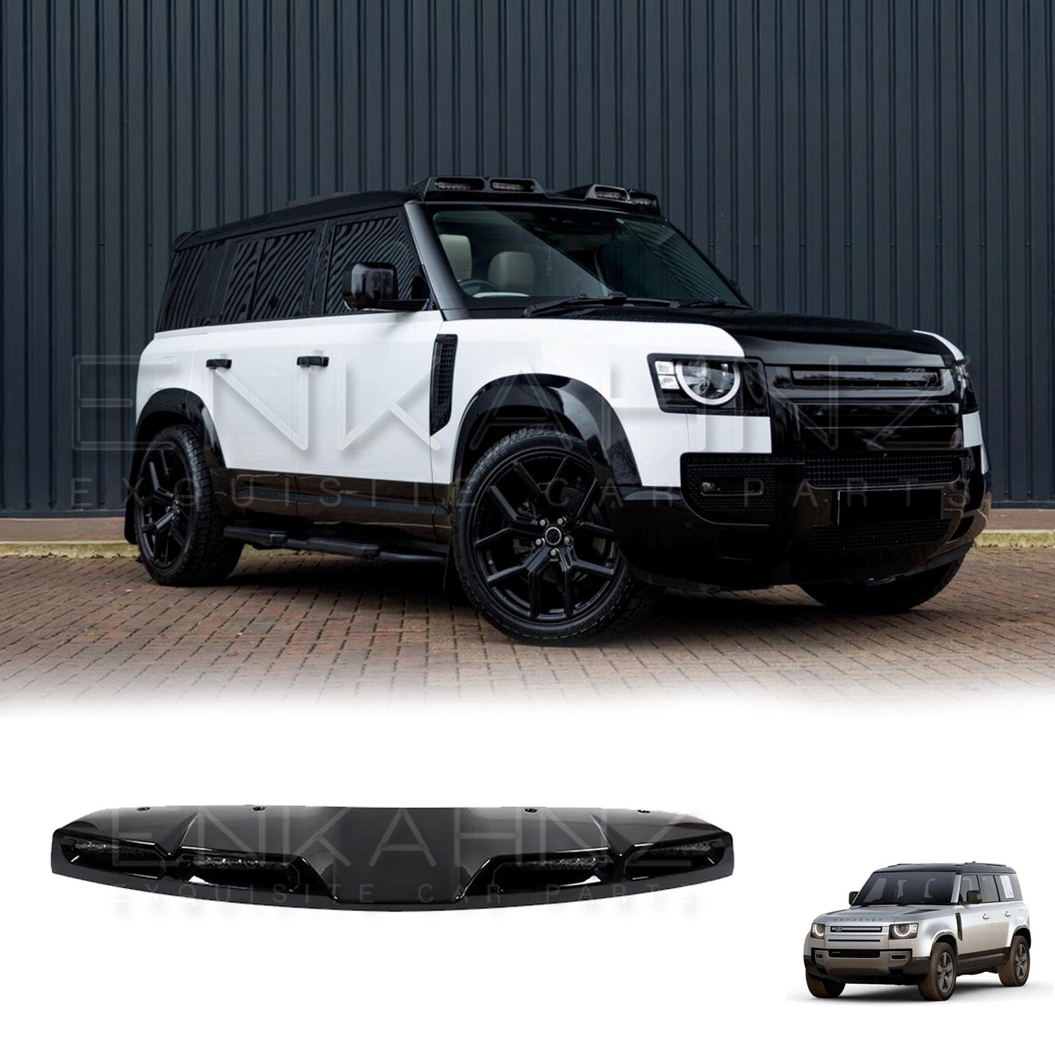 Front-left angle of a white Defender showing the LED light bar on top of the windshield.