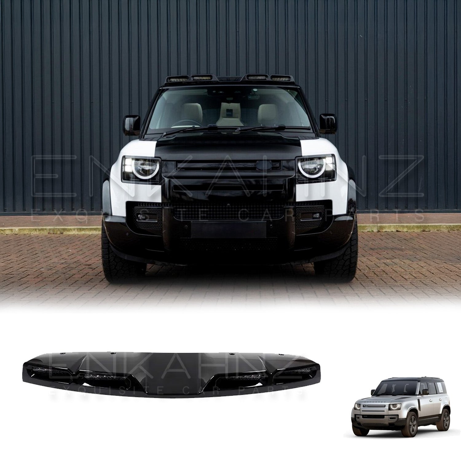 Front view of a white Defender fitted with a 4 LED front light bar mounted above the windshield.