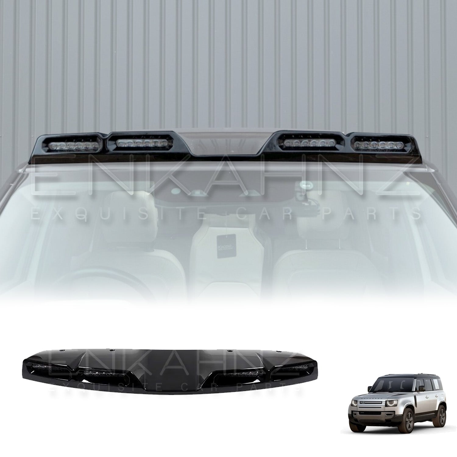 Front closeup view of a white Defender fitted with a 4 LED front light bar highlighted mounted above the windshield.
