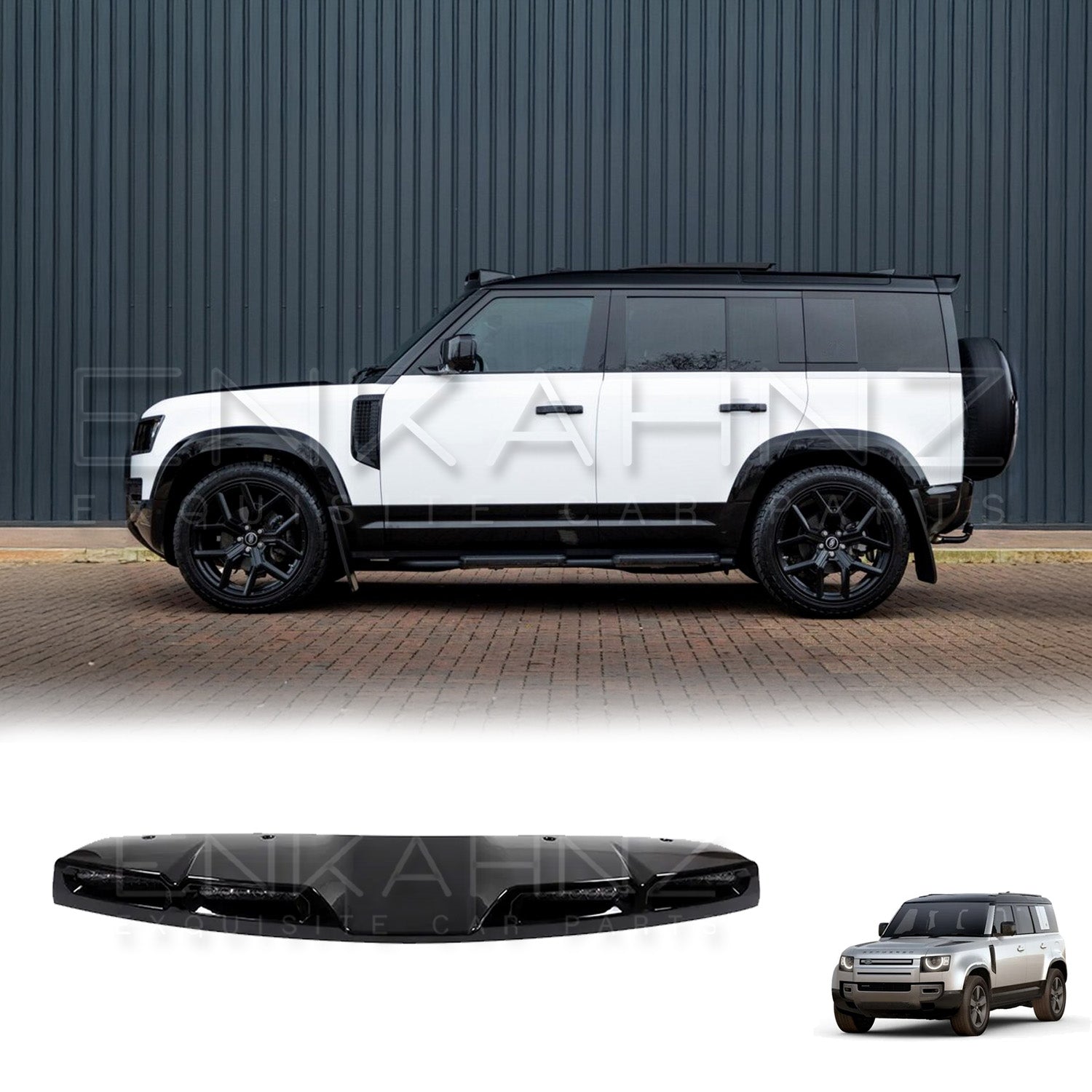 Side view from the right of a white Defender, focusing on the four-LED light bar above the windshield.
