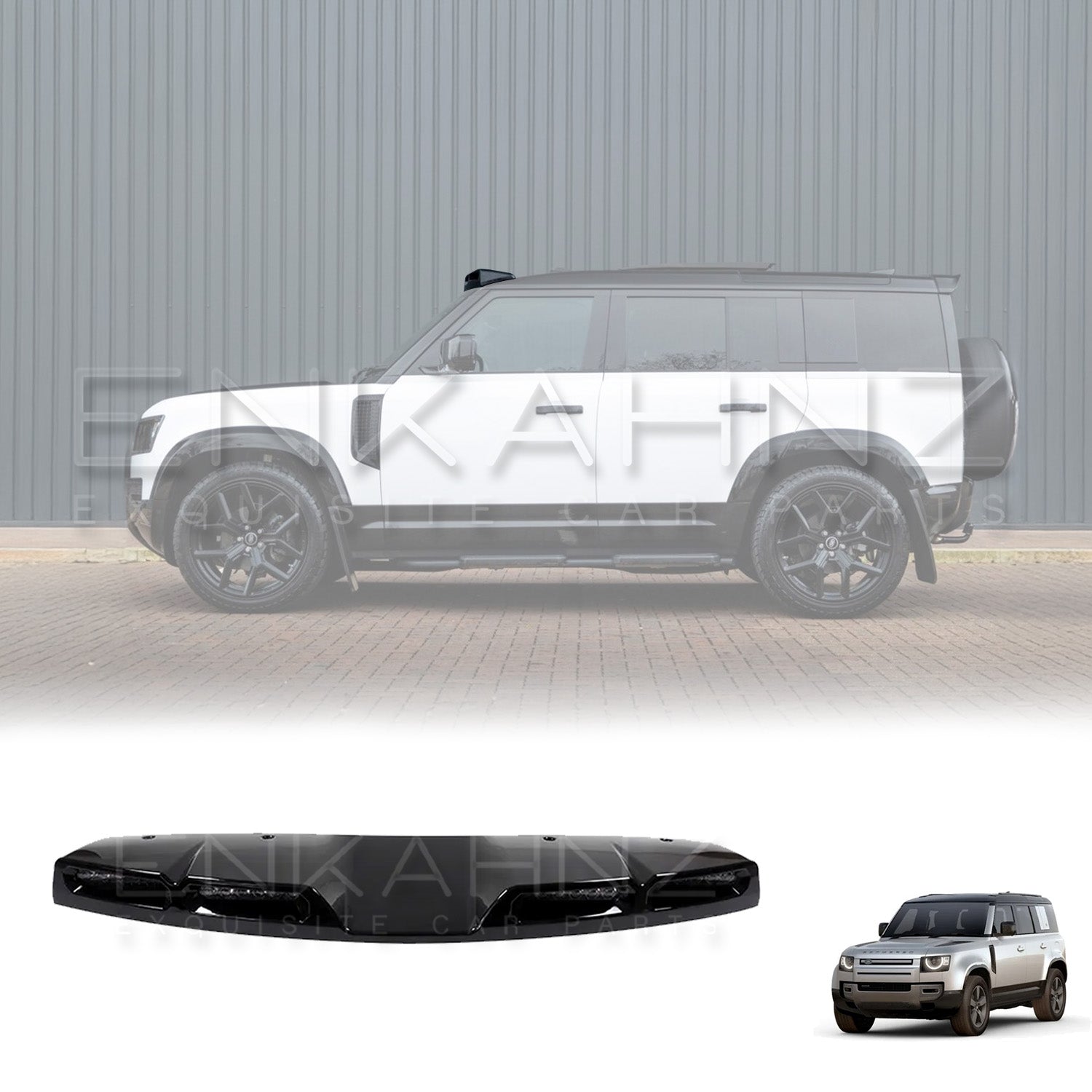 Side view from the right of a white Defender, focusing on the four-LED light bar highlighted above the windshield.