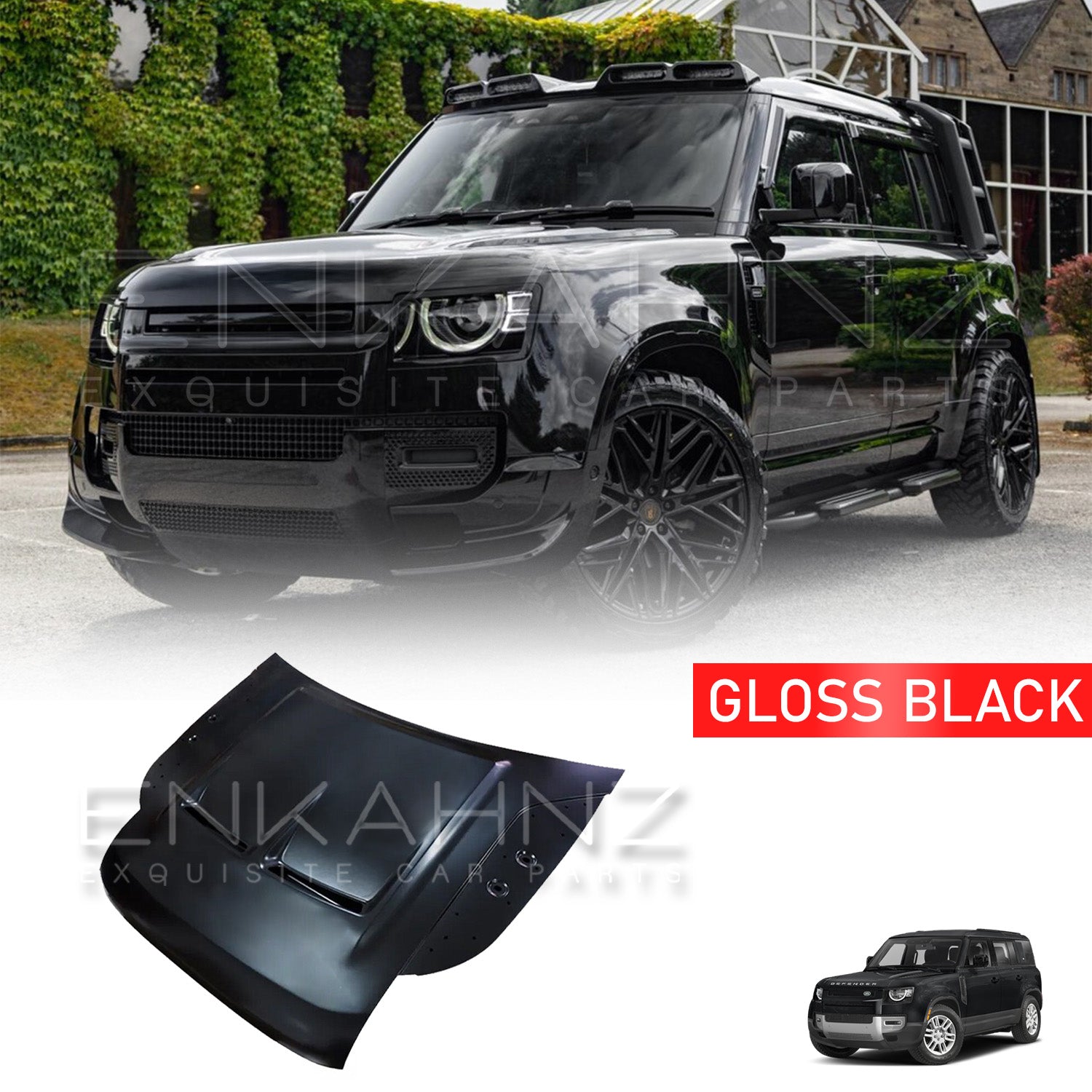 Black SUV with a gloss black car part on a white background, featuring Enkahnz branding.