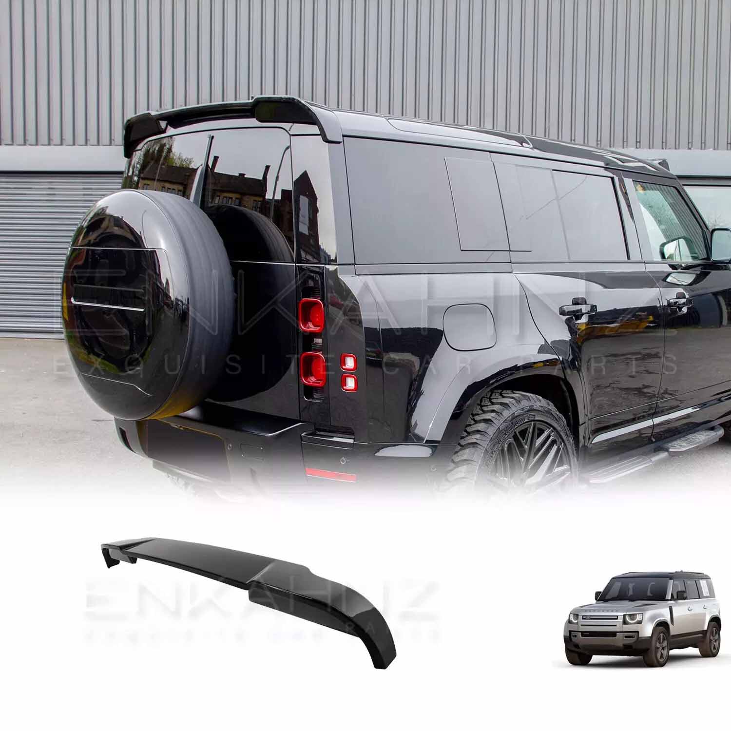 ENKAHNZ Rear roof spoiler fitted on Defender 90/110 that enhances the look of the rear end of the car and gives a sporty aerodynamic look with the rear roof spoiler product at the bottom.

