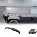 Load image into Gallery viewer, ENKAHNZ rear roof spoiler fitted on Defender 90/110 with a side angle view show casing the sport look of the spoiler on the car with product image at the bottom.
