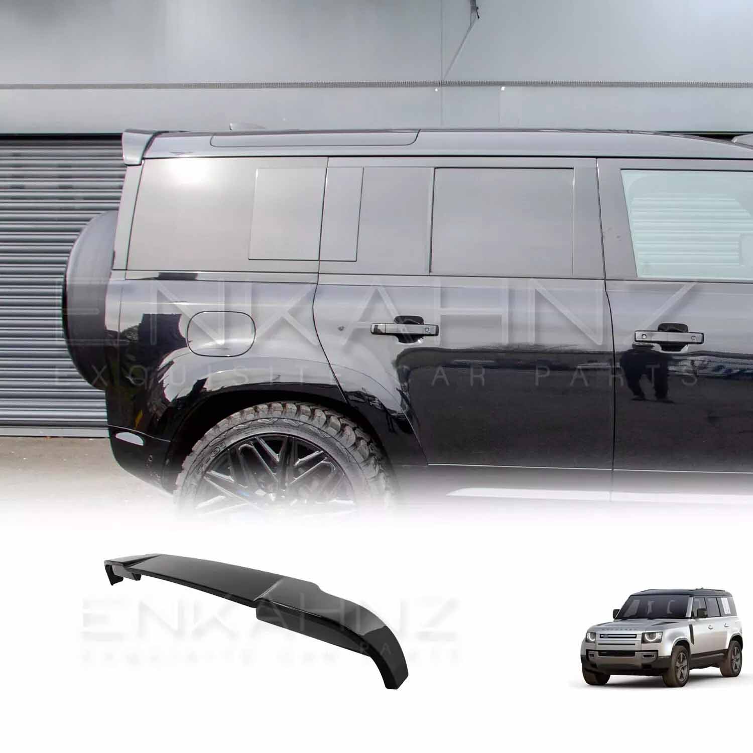 ENKAHNZ rear roof spoiler fitted on Defender 90/110 with a side angle view show casing the sport look of the spoiler on the car with product image at the bottom.