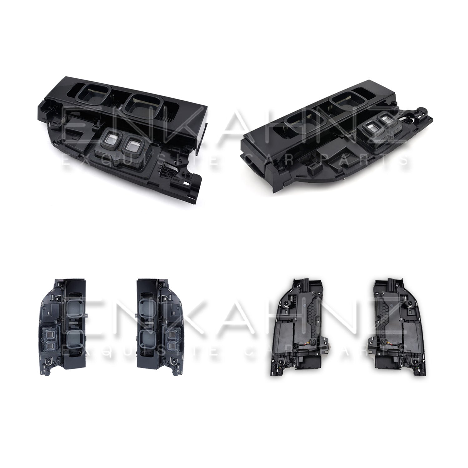 Set of black, smoked edition rear lights for defender on a white background with 'ENKANZ' branding.