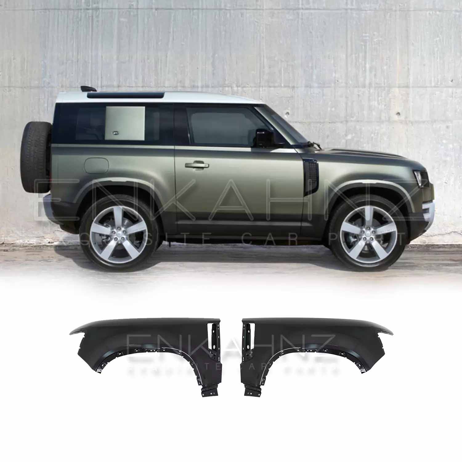 Side angle view of a matte green Land Rover Defender highlighting ENKAHNZ front left and right wings installed at the bottom of the vehicle for an upgraded, sporty look.