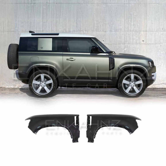 Side angle view of a matte green Land Rover Defender highlighting ENKAHNZ front left and right wings installed at the bottom of the vehicle for an upgraded, sporty look.
