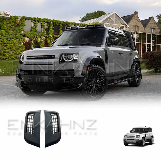 Enkahnz Side vents gloss black fitted on the Grey Defender 110 with Shuracan Wheels on them in front of a beautiful mansion with side vents product displayed at the bottom