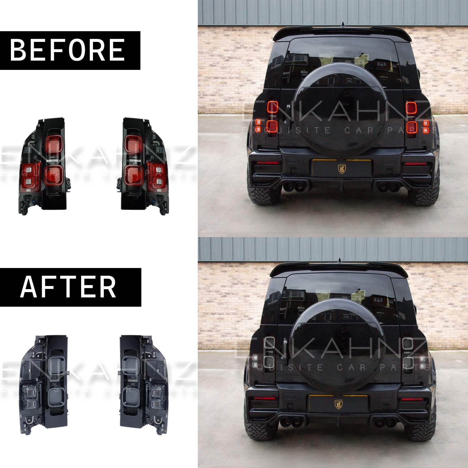 Before and after comparison of a vehicle's rear lights with the black smoked edition