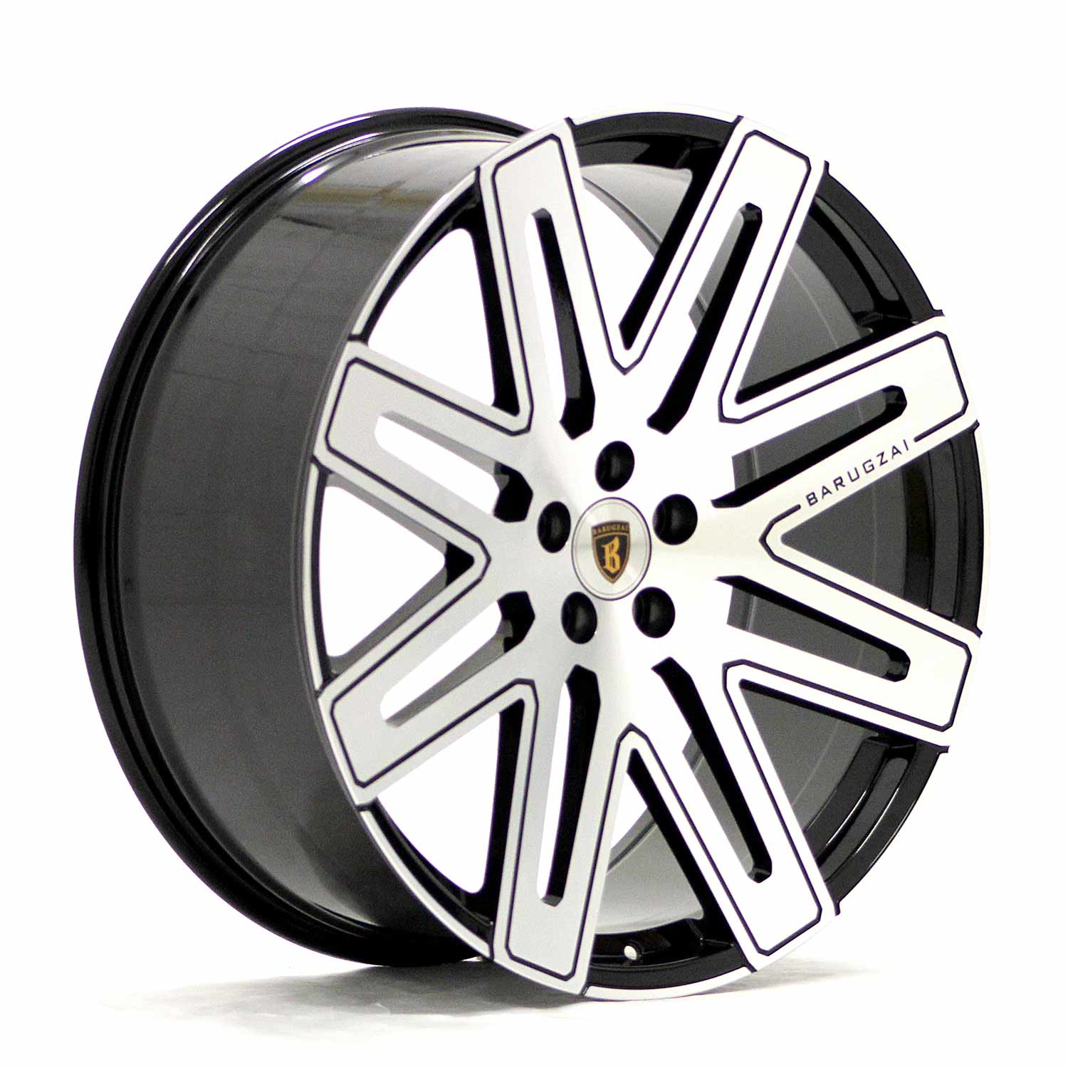 Angle shot of Barugzai Exel 24" finished in Gloss Black Polished Face, on a white background 