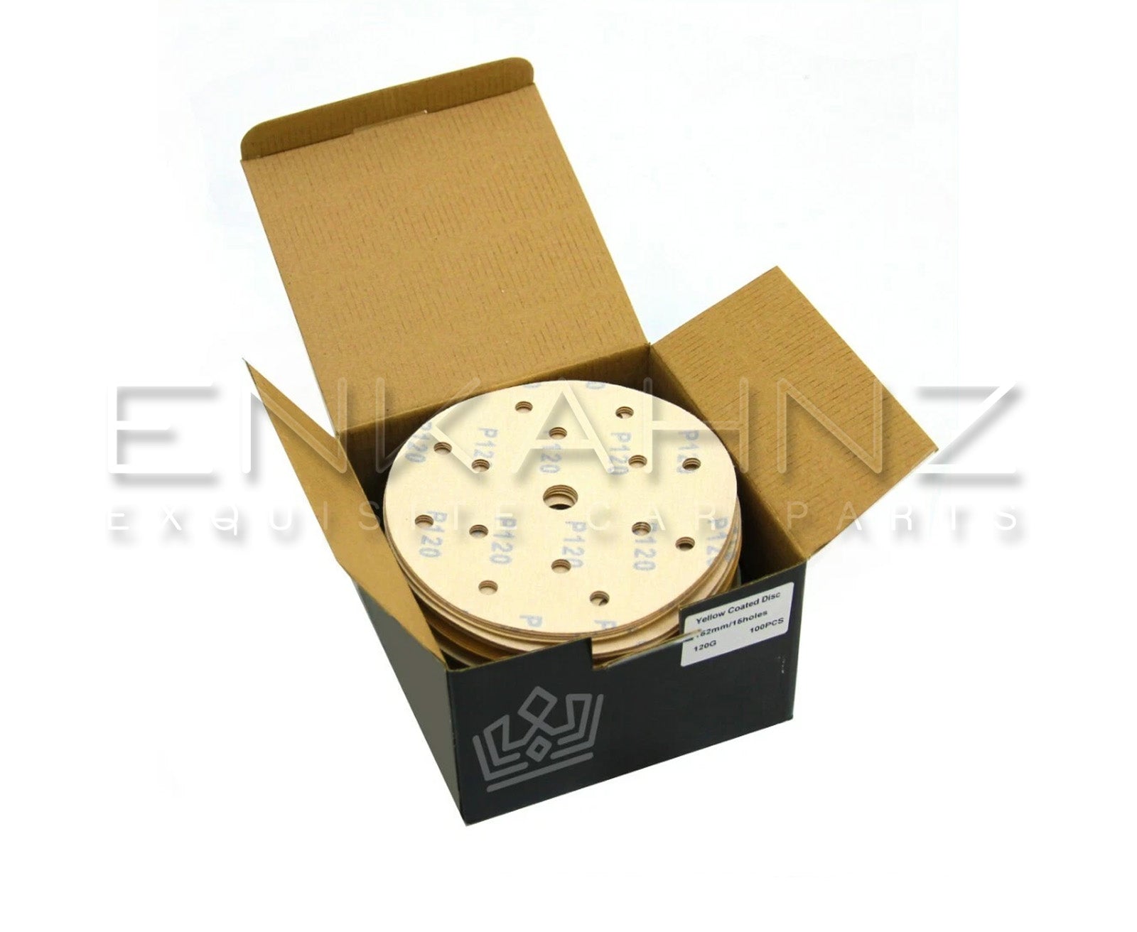 Off‑white sanding discs in brown box on white backdrop for automotive bodyshop use.