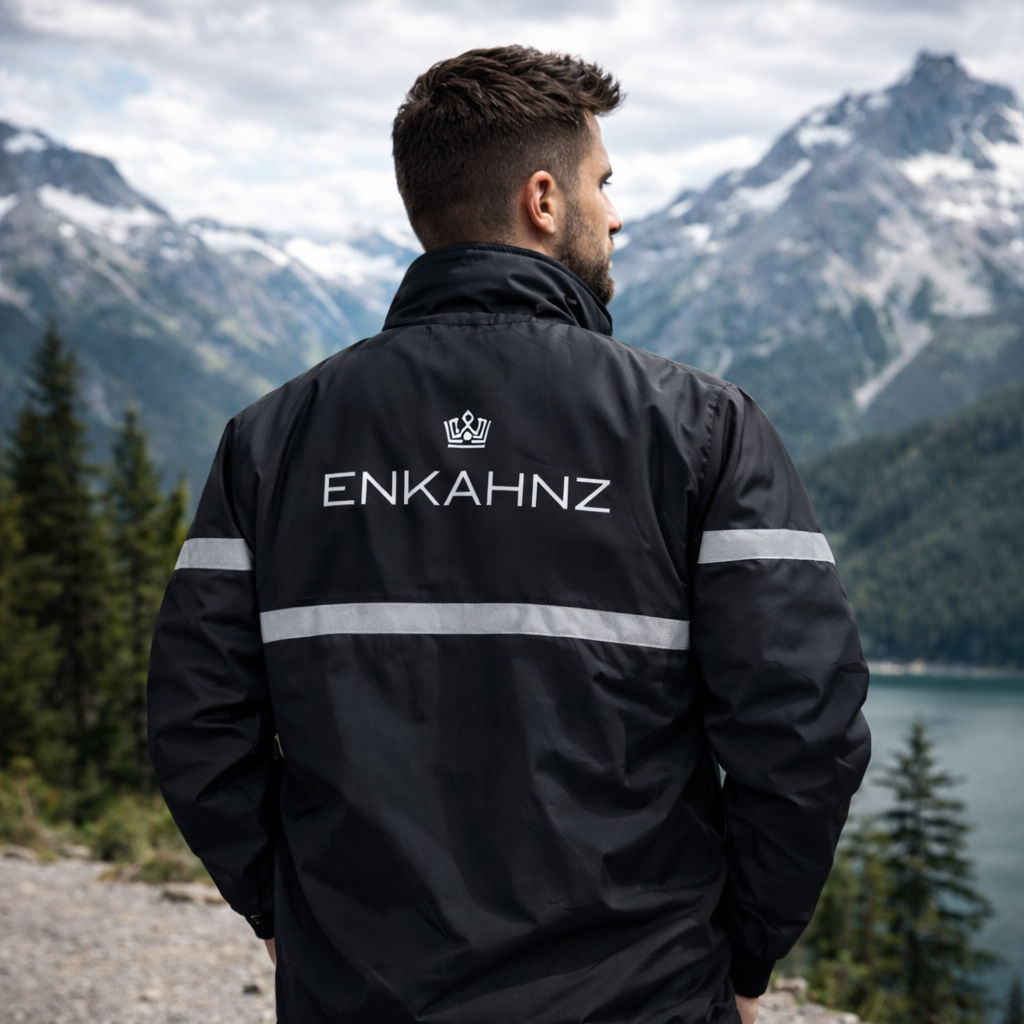 Enkahnz Trademark Crown Jacket – Black in a nature background rear view.