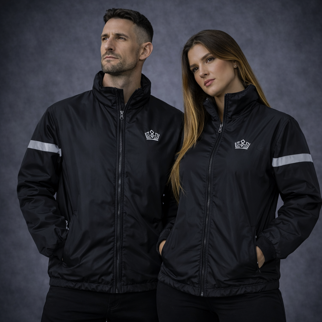 Two people wearing black jackets with reflective stripes and a visible brand logo on a dark background.