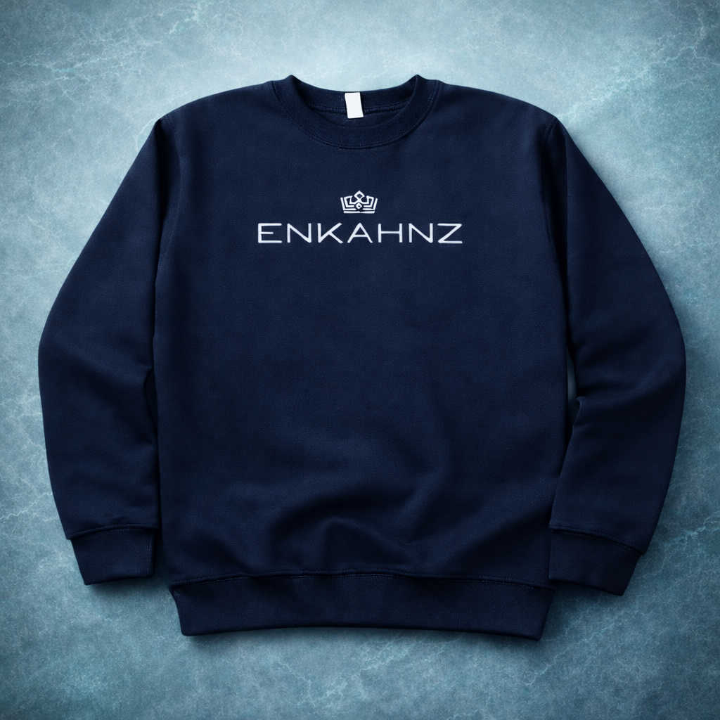 Navy blue sweatshirt with 'ENKAHNZ' logo on a textured gray background