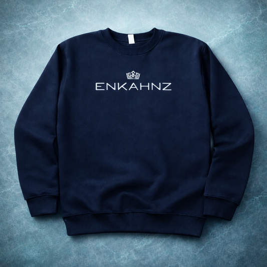 Navy blue sweatshirt with 'ENKAHNZ' logo on a textured gray background