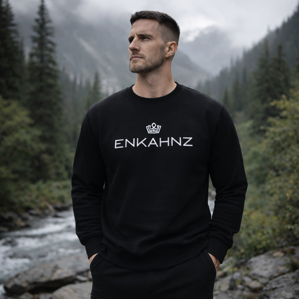 Enkahnz Trademark Crown Jumper – Black in a misty forest nature 