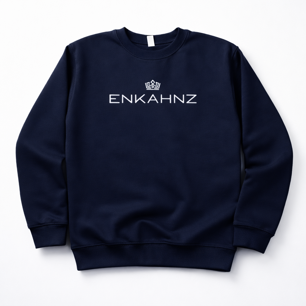 Navy blue sweatshirt with 'ENKAHNZ' logo on a white background