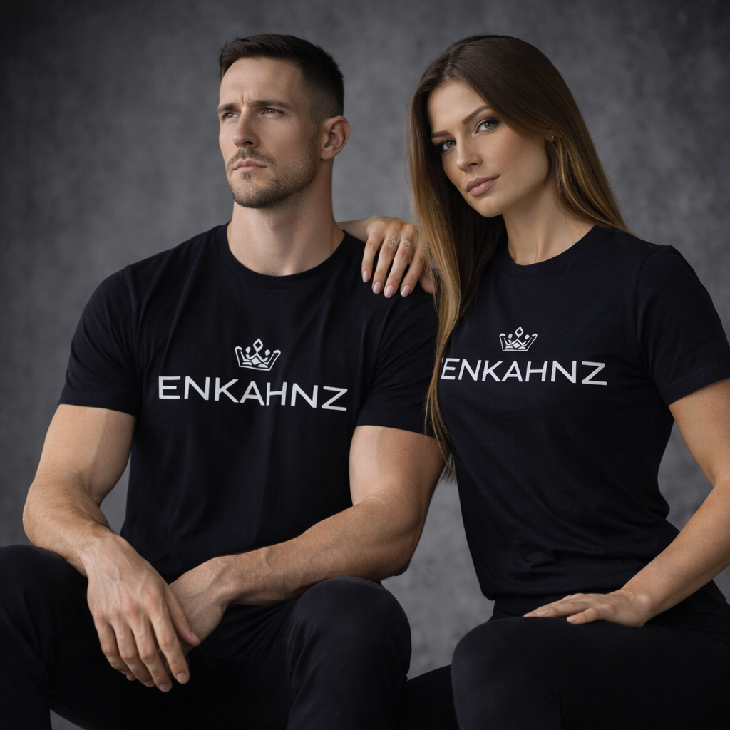 Enkahnz Trademark Crown T-Shirt – Black on a white man and woman in a studio. 