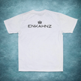 Load image into Gallery viewer, Enkahnz Trademark Crown T-Shirt – White in a teal background. 
