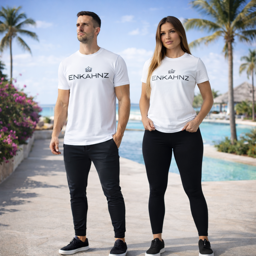 Enkahnz Trademark Crown T-Shirt – White in a resort background with a male and female showcasing the products.