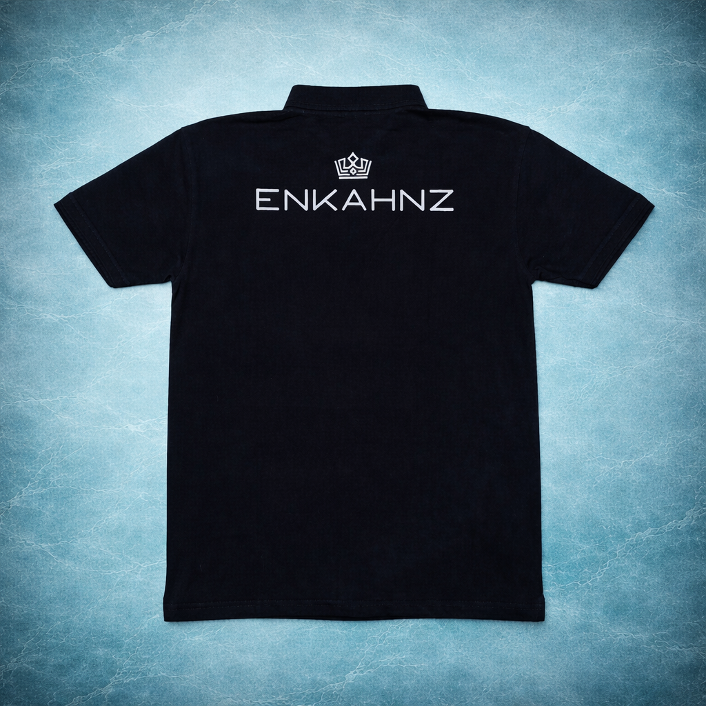 Enkahnz Trademark Polo T-Shirt – Black in a teal background. 