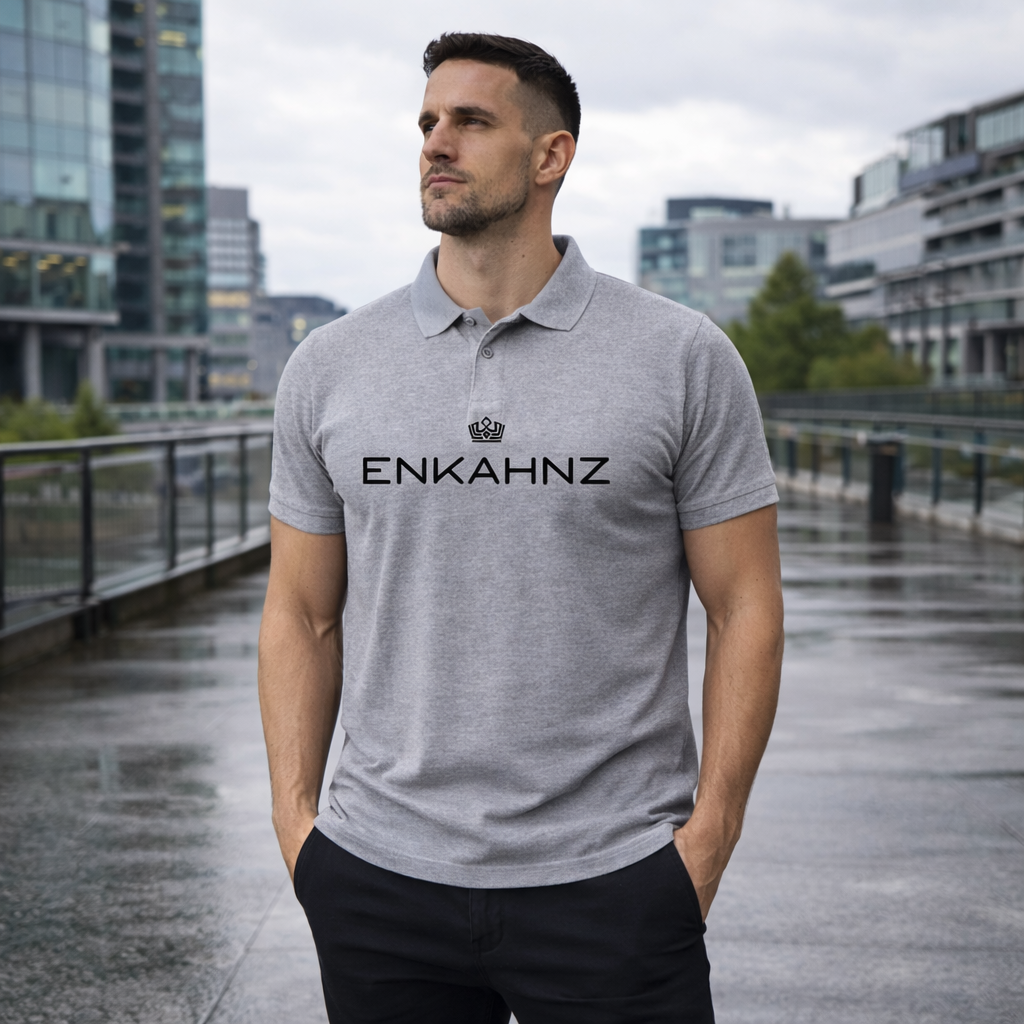 Enkahnz Trademark Polo T-Shirt – Grey in a natural road setting.