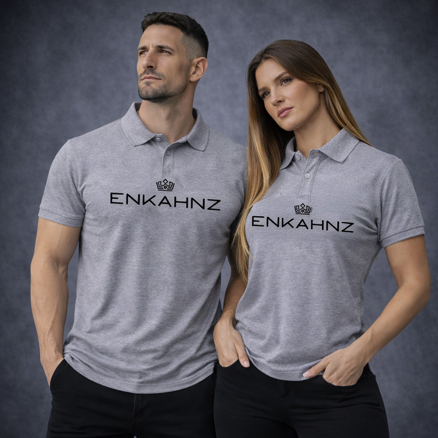 Enkahnz Trademark Polo T-Shirt – Grey in a studio setting of a man and woman wearing the Polo Tshirt