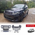 Load image into Gallery viewer, Front quarter view of a dark blue Range Rover Evoque parked off-road in mud, fitted with a premium bodykit; bodykit components are displayed at the bottom of the image to showcase product details.
