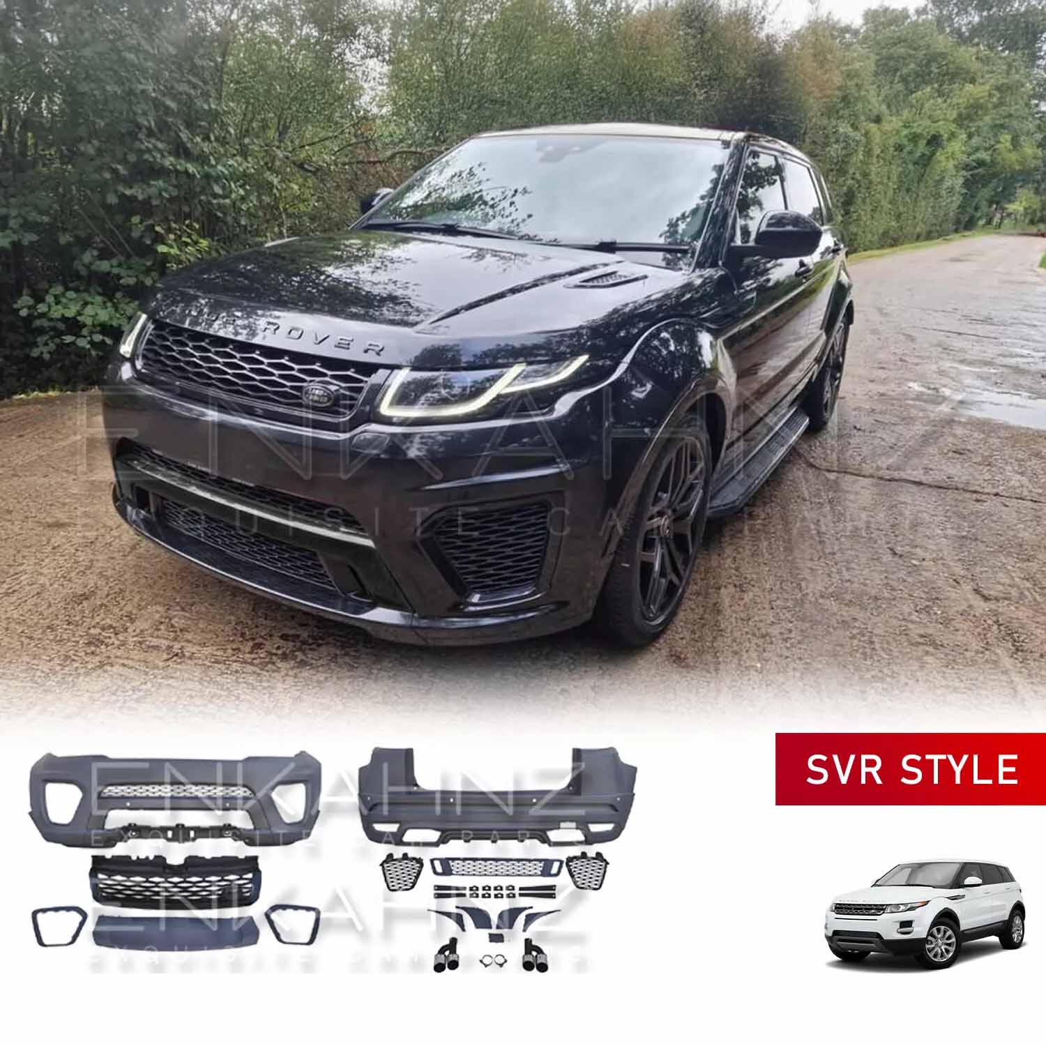 Front quarter view of a dark blue Range Rover Evoque parked off-road in mud, fitted with a premium bodykit; bodykit components are displayed at the bottom of the image to showcase product details.