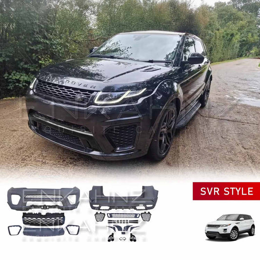 Front quarter view of a dark blue Range Rover Evoque parked off-road in mud, fitted with a premium bodykit; bodykit components are displayed at the bottom of the image to showcase product details.
