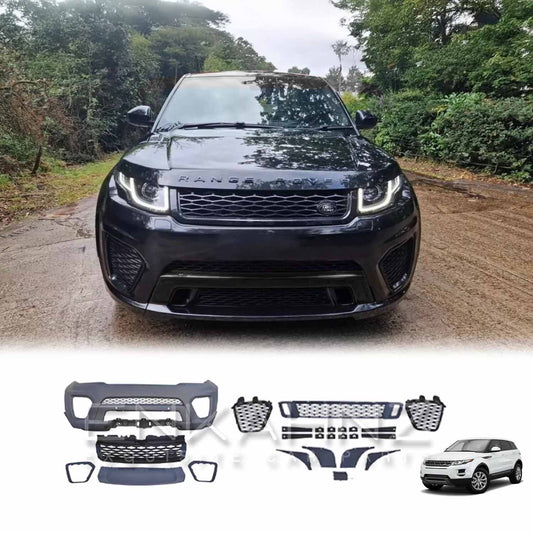 Front-facing shot of a dark blue Range Rover Evoque on a muddy off-road track, highlighting the aggressive bodykit styling, with images of the kit parts shown at the bottom.