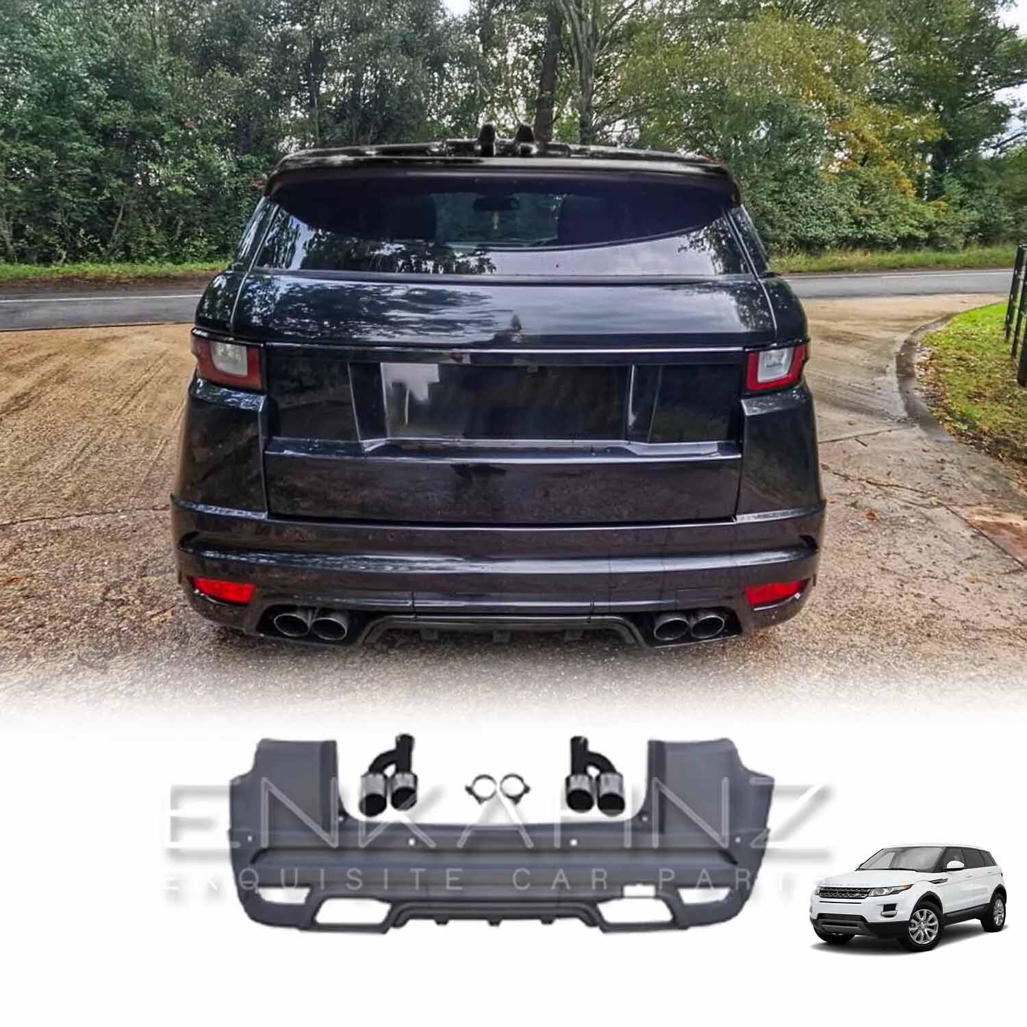 Rear angle of a dark blue Range Rover Evoque off-road in mud, featuring the upgraded back bumper and dual exhaust system; bodykit and exhaust product images visible at the bottom.