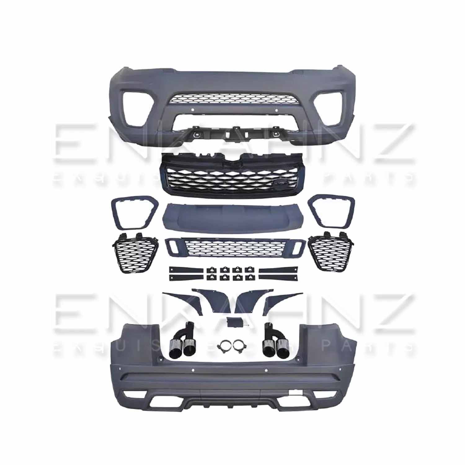 Complete Range Rover Evoque bodykit displayed on a white backdrop, featuring all components including front and rear bumpers, side skirts, and exhaust tips for a full customization overview.