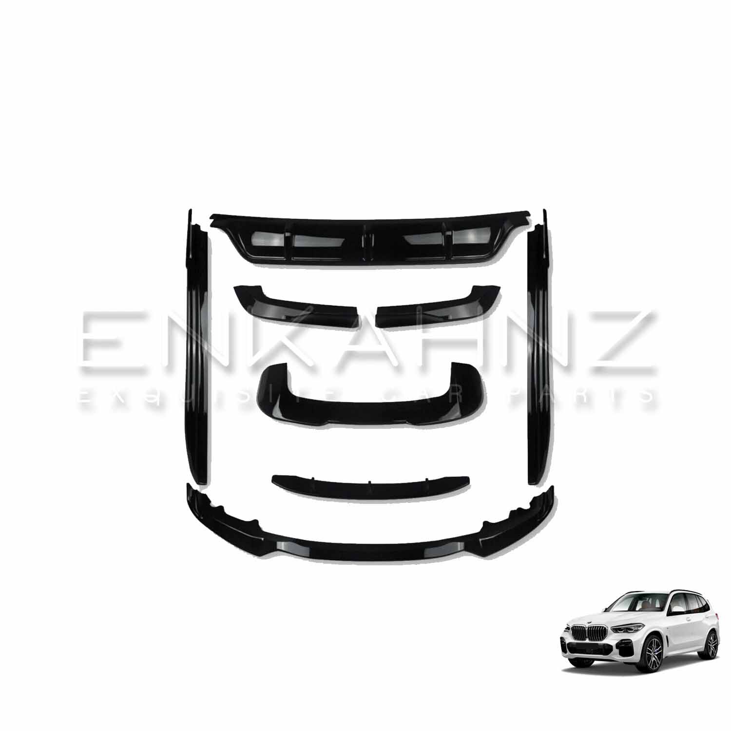 Set of car bumper parts with Enkafinz branding on a white background