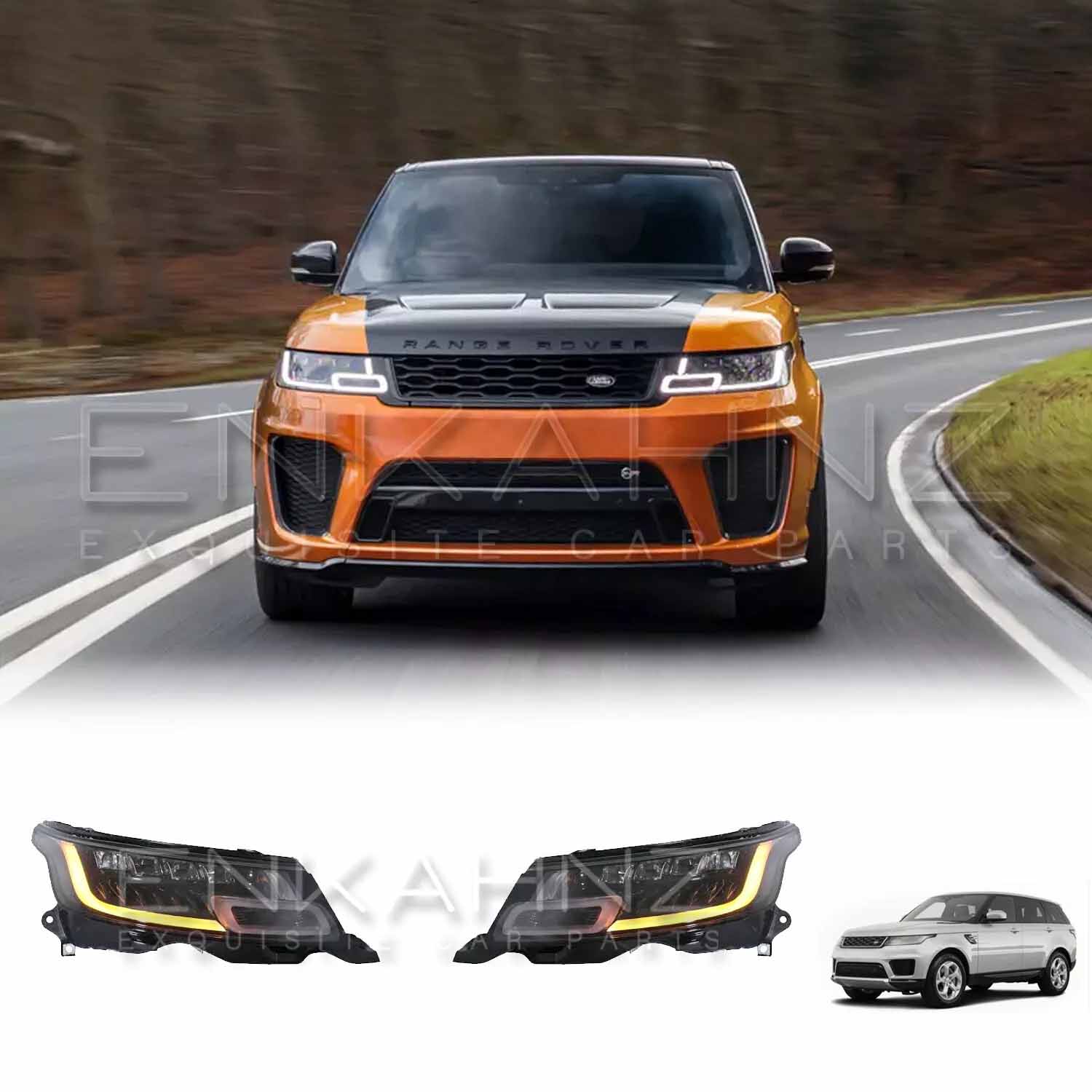 Orange and black Range Rover Sport in motion on the road, featuring ENKAHNZ facelift headlights installed, highlighting the modern, aggressive front lighting design.