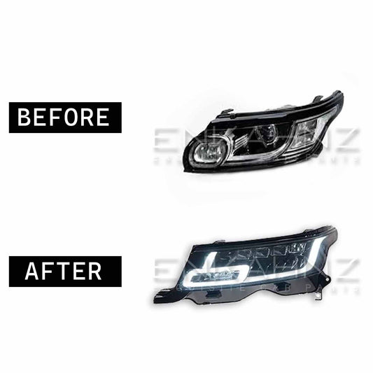 Side-by-side before and after comparison of Range Rover Sport headlights on a white backdrop, showing OEM headlights on the left and ENKAHNZ facelift headlights on the right for a clear upgrade visualization.